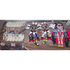 Vtg Punch Needle Embroidery Applique Patches Western Deco Indians Stagecoach Lot